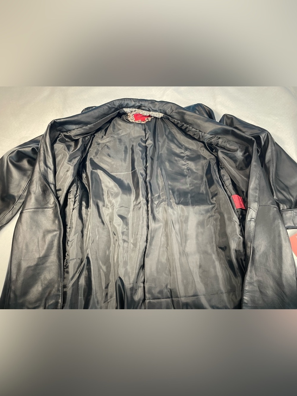 Excelled Black Leather Duster Coat L Long Open Front Belted Soft Lamb Leather - Picture 13 of 14